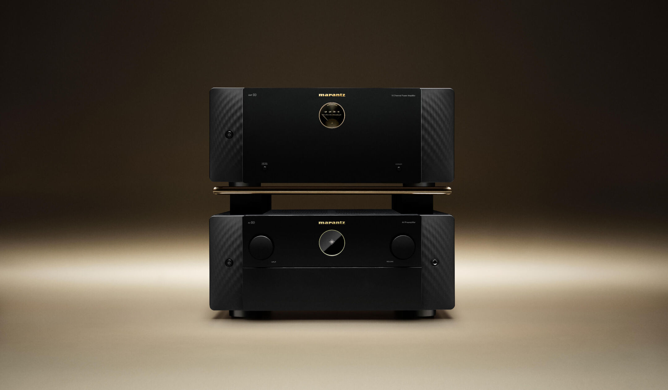 Marantz AV 10 reference processor stacked with the AMP 10 sixteen-channel amplifier