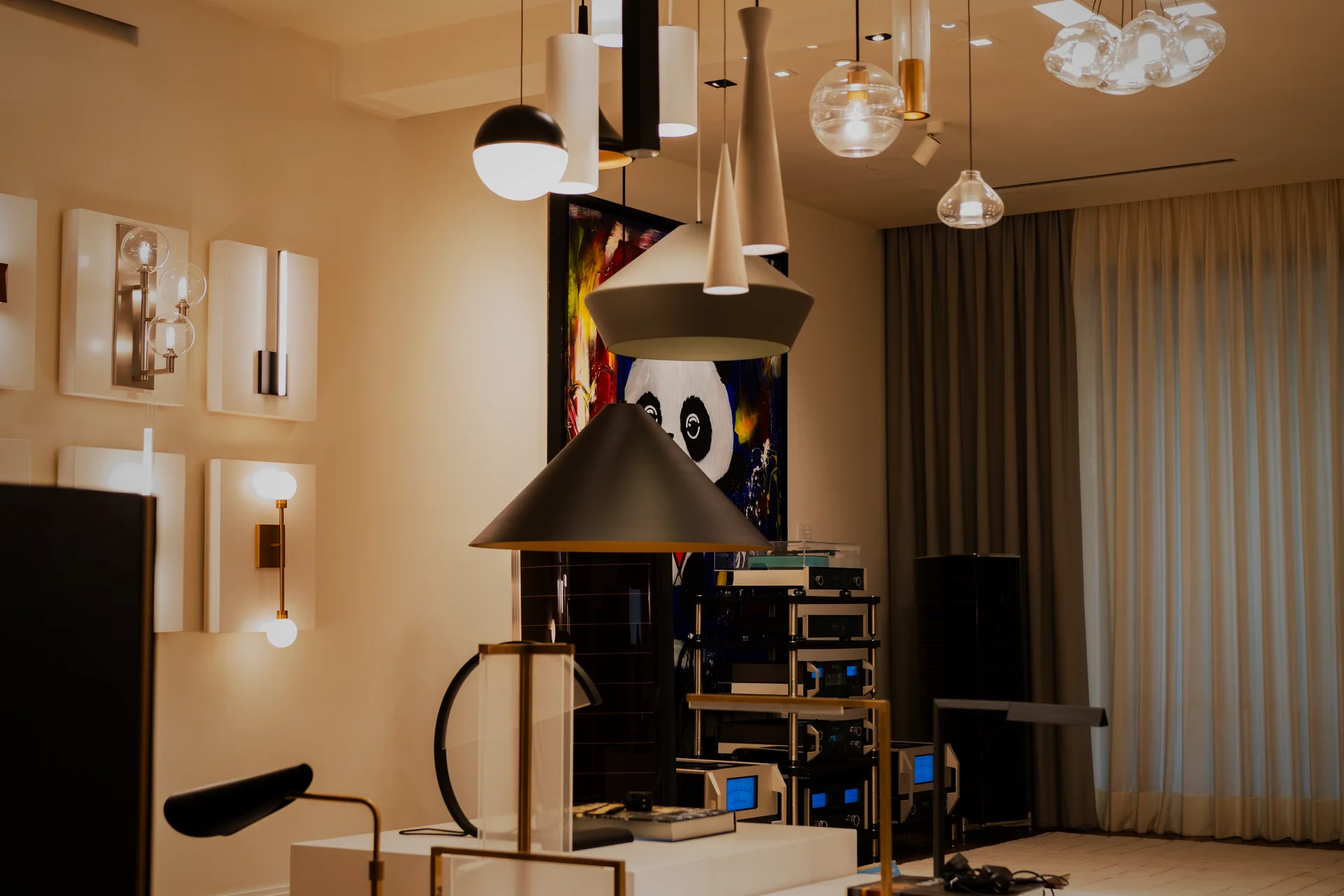 Two-channel listening zone with suspended cone fireplace