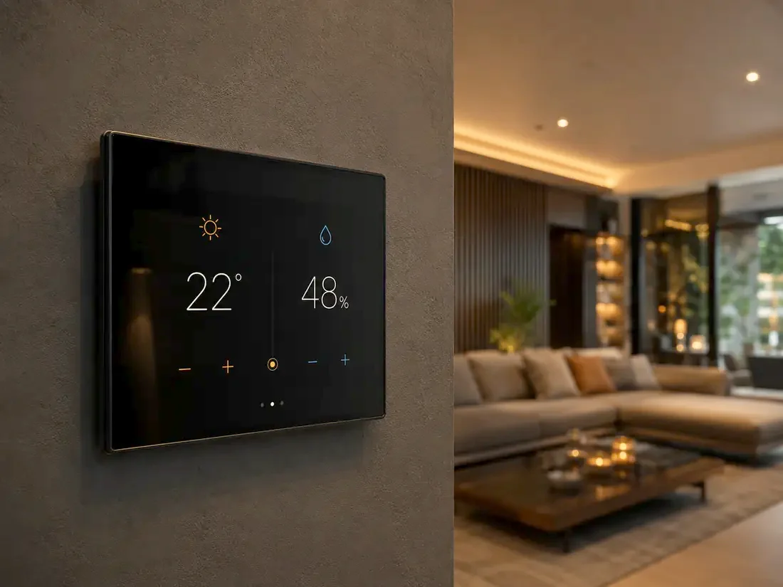 Wall climate interface showing 22 degrees and 48 percent relative humidity