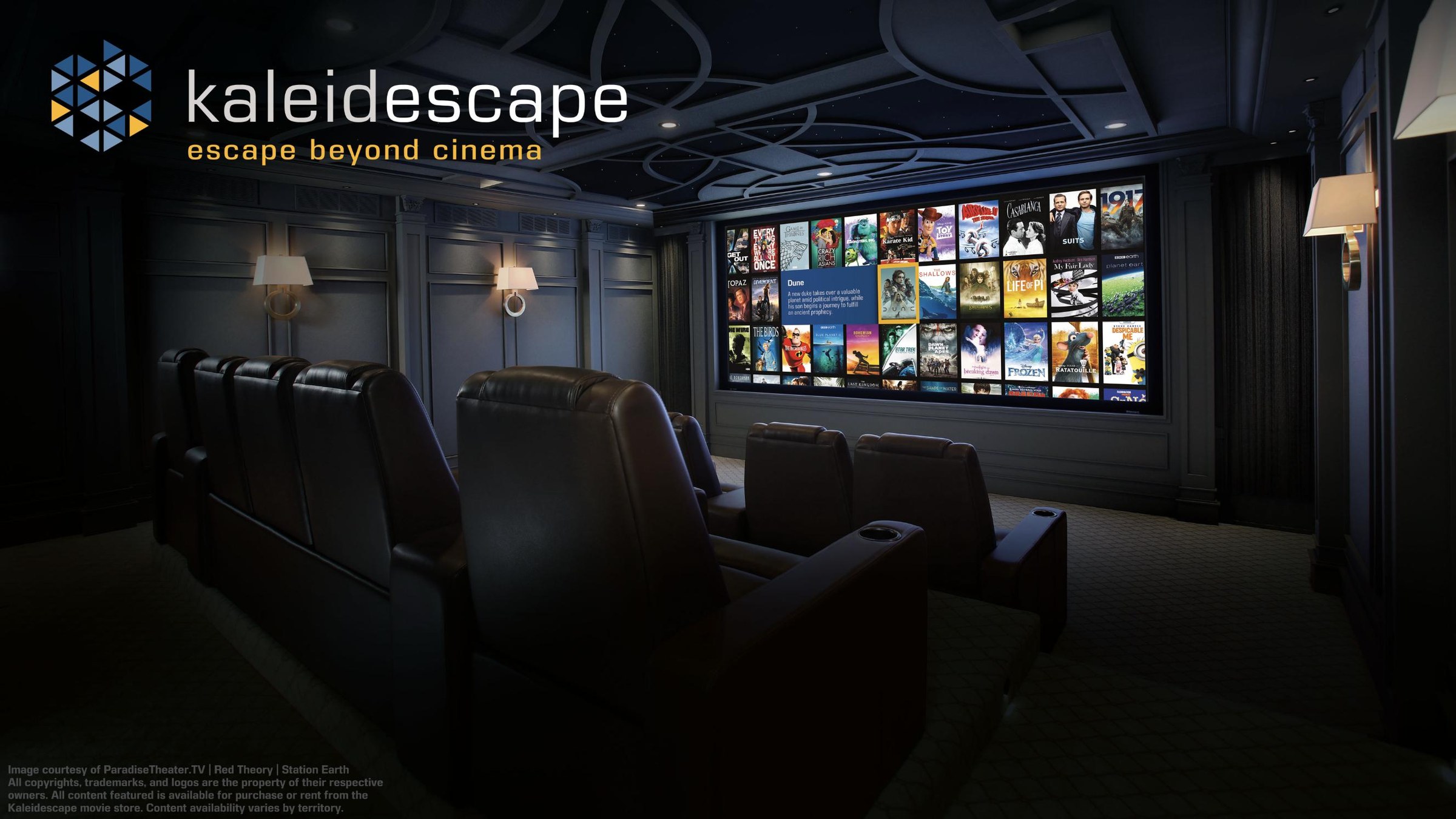 The Kaleidescape movie library on the screen of a dark home theater, with the Kaleidescape logo