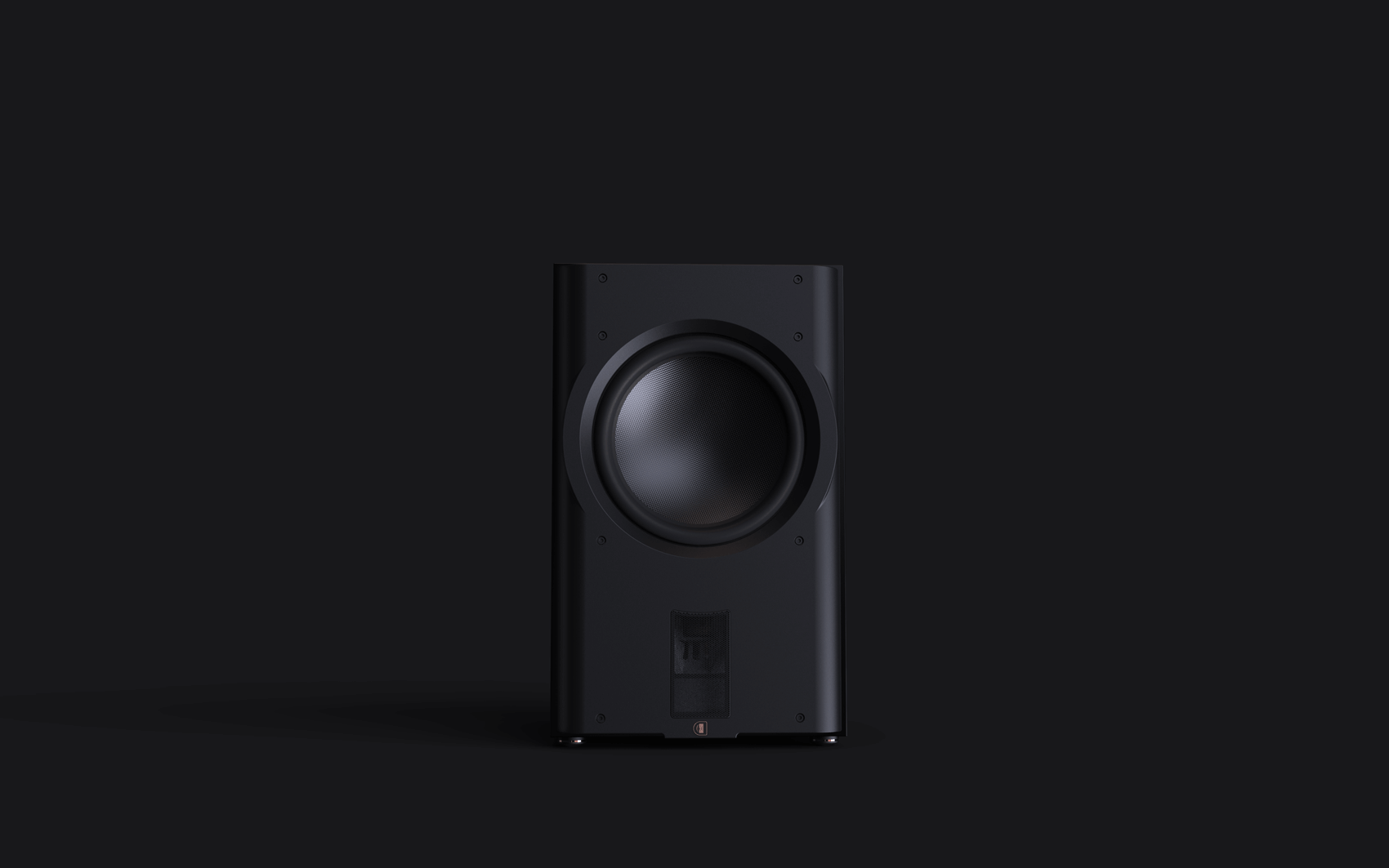 Perlisten D215s subwoofer, front view in a dark room